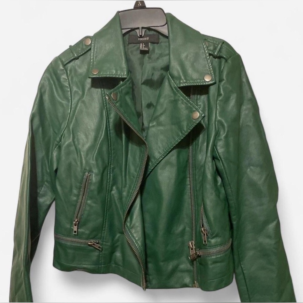 Forever 21 Green Faux Leather Moto Jacket Small
